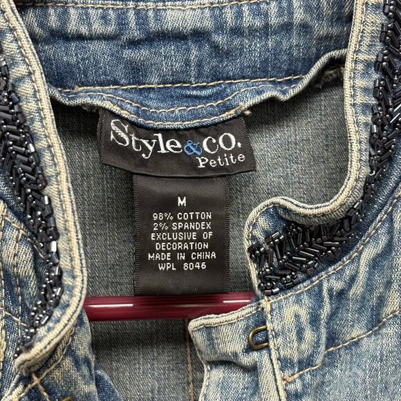 Beaded Jean Jacket, Style & Co Cropped Denim Coat, Mandarin Collar, Size MP - Picture 2 of 8